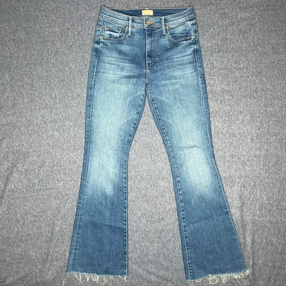 Mother Denim The Hustler Ankle Fray Jeans Medium Wash Flare Raw Hem Size 27 $258